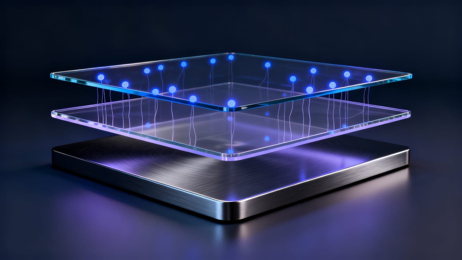 An illuminated layer of connected nodes hovering above a solid metal base, representing the agentic layer above core banking systems
