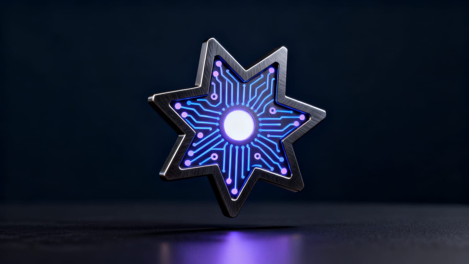 A machined metal star with glowing circuit traces radiating from a bright core — the Aureus mark rendered in metal and light