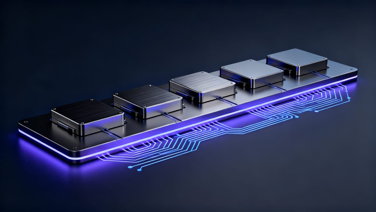 Five machined metal modules docked into one platform base, connected by glowing circuit pathways